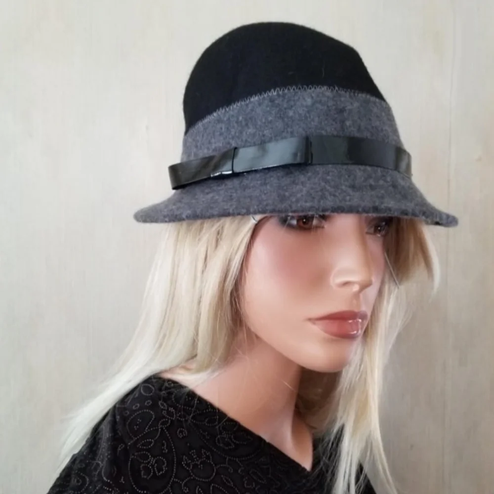 Cynthia Rowley Black Gray Tiered Wool Hat Cool Weather Church Everyday Elegance